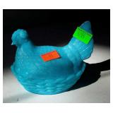 Blue milk glass hen on a basket lidded candy jar,