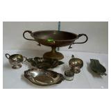Decor, silver plates sugar, creamer, Etc and
