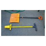 Tool lot, includes snow shovel, and hound dog