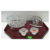 Tray lot: footed pressed glass bowl, crystal