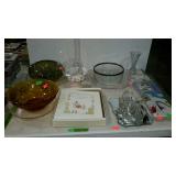 Group lot- baby book, glass platters, bowls, vases