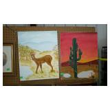 Two canvas pictures, 1 deer scene, and 1 desert