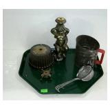 Misc -red handled sifter, strainers, and lamp base
