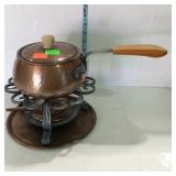 Copper fondue pot with iron base and copper under