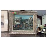Painting on canvas, village street scene, framed -