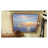 Painting on canvas, sailboat scene, framed - 21 x
