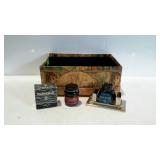 Storage box with card holder and 3 bottles of
