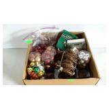 Box of assorted small Christmas tree ornaments.
