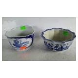 Two planter bowls- blue & white with Asian designs