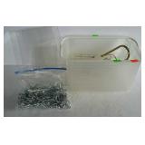 Small storage tote with peg board hooks, sign &
