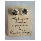 Pierced earrings - hand engraved Scrimshaw on