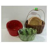 Group of five decor baskets. Metal, wicker and