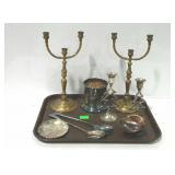 Tray lot of assorted metal decor pieces. Candle