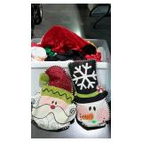 Christmas decor item in lidded tote. Burlap faces