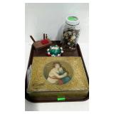 Vanity decor group, early tin box with buttons,