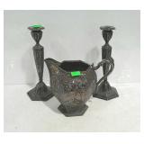 Silver Plated Pitcher and Candle Sticks, all