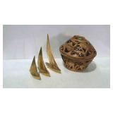 Home decor lot, 3 brass sail boats, and wooden