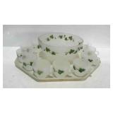 Punch Bowl Set, frosted glass with ivy decor,