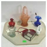 Decor Glassware, pink glass handled basket, milk