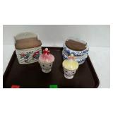 Ceramic decor, 2 salt boxes, and mustard and