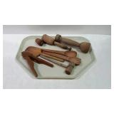 Collection of wooden utensils, spoon and fork,