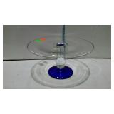 Blown glass cake pedestal - cobalt and clear 11"