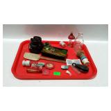 Trinkets tray lot - shaving brush, insulators,