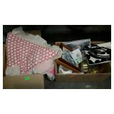 Misc - two boxes small prints, glasses, material,