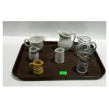 Tray lot - creamers, syrup-no top, jelly jar-no