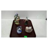 Bird figurines, and art glass owl paper weight