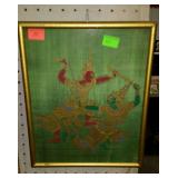 Silk print-fighting Siamese warriors scene, framed