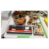 Halloween Decor group, candles, pumpkin, horn of