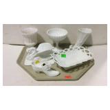 Collection of Milk glassware, one Fenton shoe,