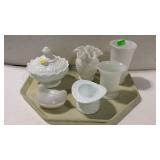 Collection of milk glass pcs, vases, hen on nest