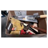 Box with misc tools, hatchet, claw hammer,