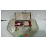 Steak knife set, shakers, and Crystal perfume