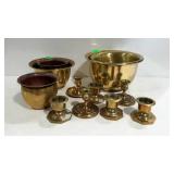 Brass decor lot, candle sticks, and planters