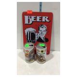 Tin beer sign, and two sport scene Iron City beer