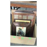 Box with misc picture frames and some pictures