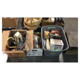 Group lot with shop light, power tools, car books