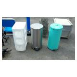 Two trashcans and a plastic bin