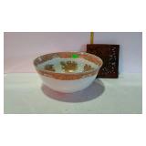 Asian painted decor 12" China bowl with wooden