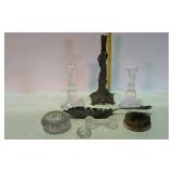 Collectibles lot, glass candle sticks, knife
