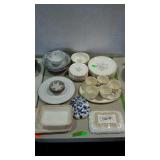 Misc China Group, plates bowls, cups, dish lids