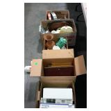 Misc box lot group, 5 boxes of pans, pictures,