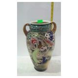 Asian themed painted handled urn vase, 13" tall