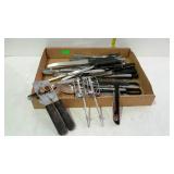 Kitchen knives, plus spoon, can opener, etc