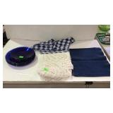 Group lot, includes blue plates,  table cover