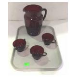 Tray lot, includes three red cups, and red water