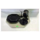 Tray lot, includes, black plates, black jar